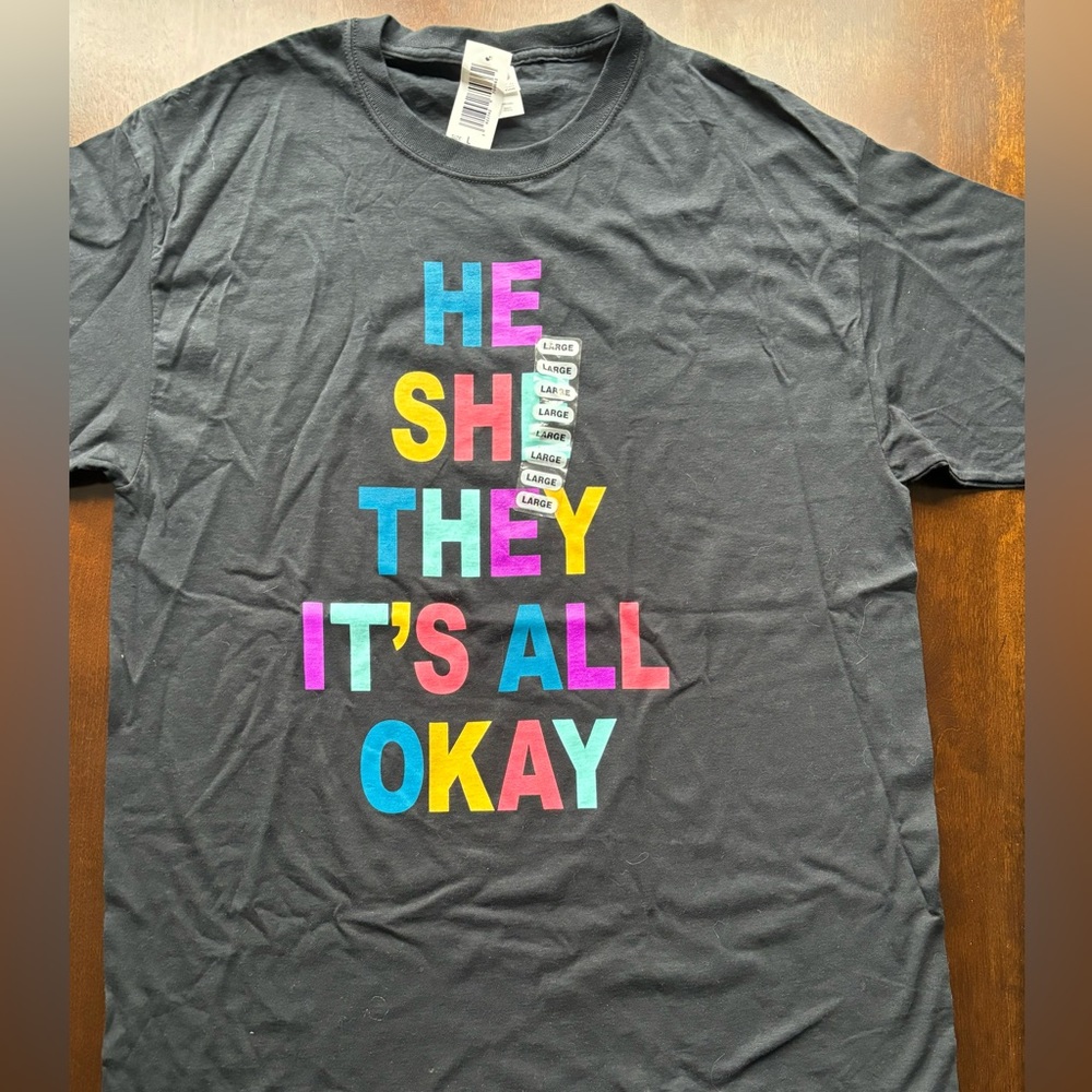 T-shirt He She They It’s All Okay. Color Black/Text multicolor/ Size:Large